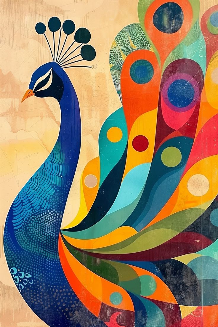 a painting of a colorful peacock with circles and dots on it's tail, in front of a beige background