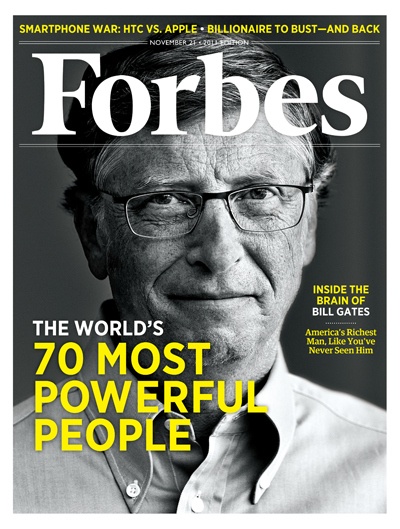 a man in glasses is featured on the cover of forbess magazine, which features an image of bill gates