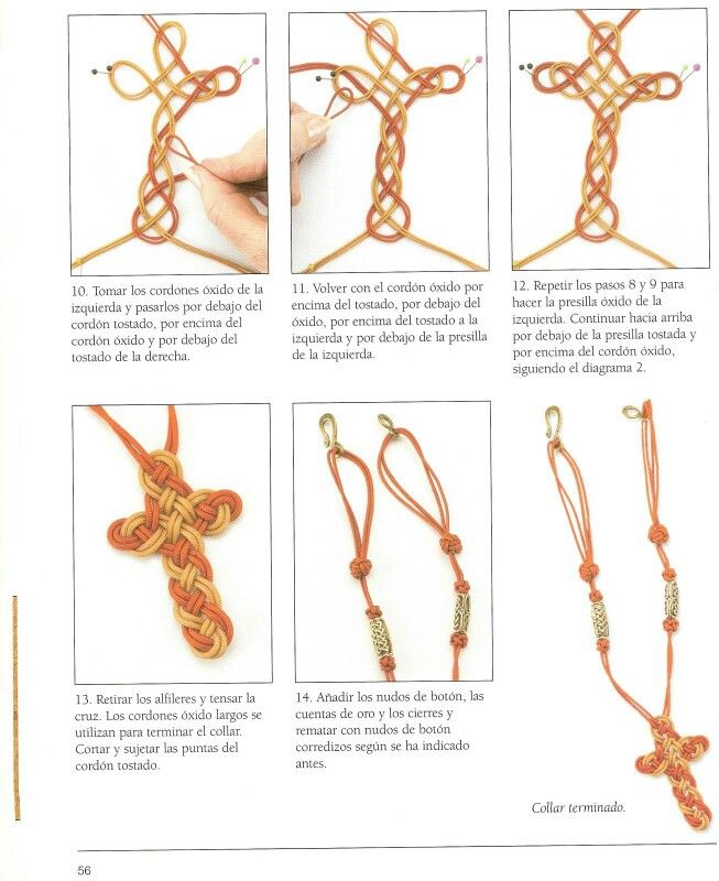 instructions to make a crocheted cross necklace with beads and thread, in spanish