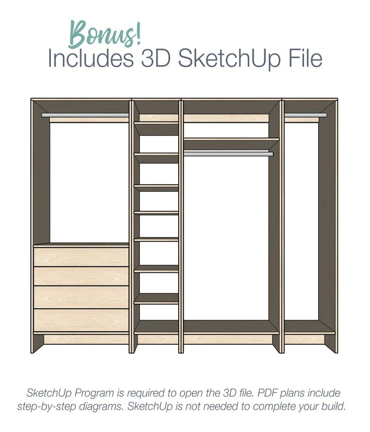 an image of a sketched closet with shelves and drawers on the bottom, below it is