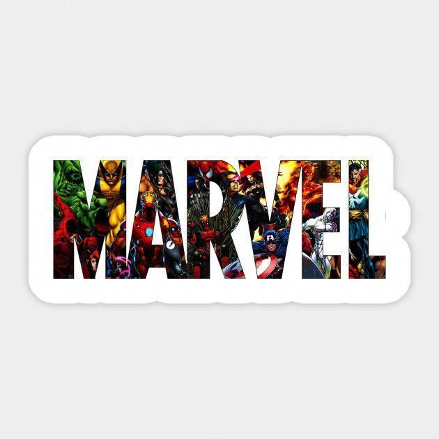 the word's name is made up of images of superheros and villaines