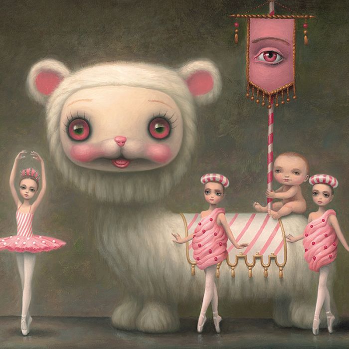 an animal with three ballerinas in front of it and a baby bear on the other side