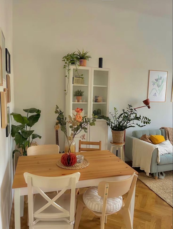 a wooden table sitting in the middle of a living room