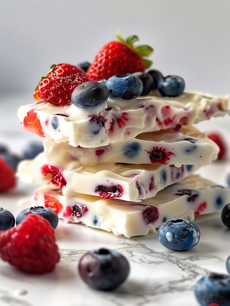 a stack of white chocolate with berries and blueberries next to it on a table