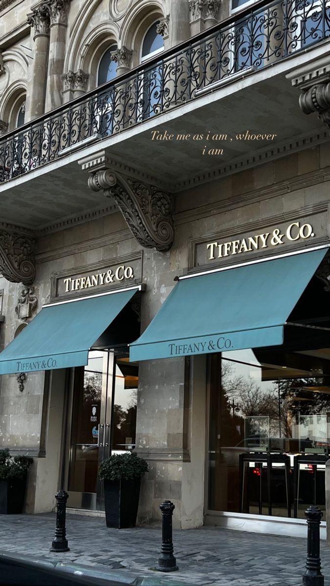 the entrance to tiffany & co in new york city, with blue awnings