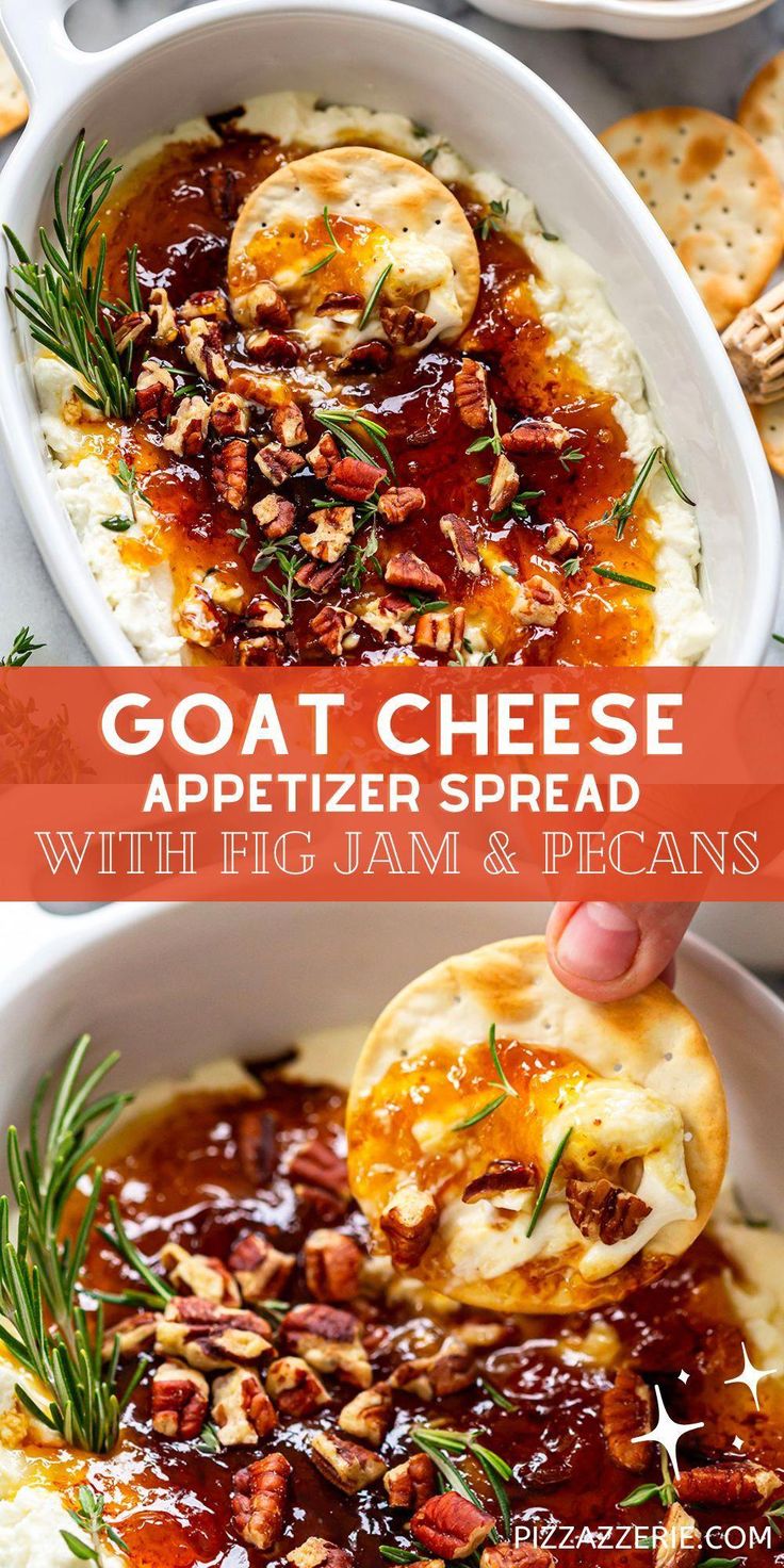 goat cheese dip with fig jam and pecans in a white bowl on top of mashed potatoes