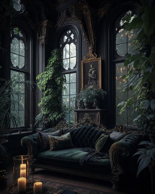 a living room filled with furniture and lots of plants on the windows sills