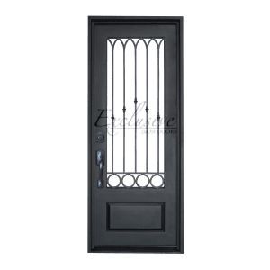 the front door is black and has an iron grill design on it's side