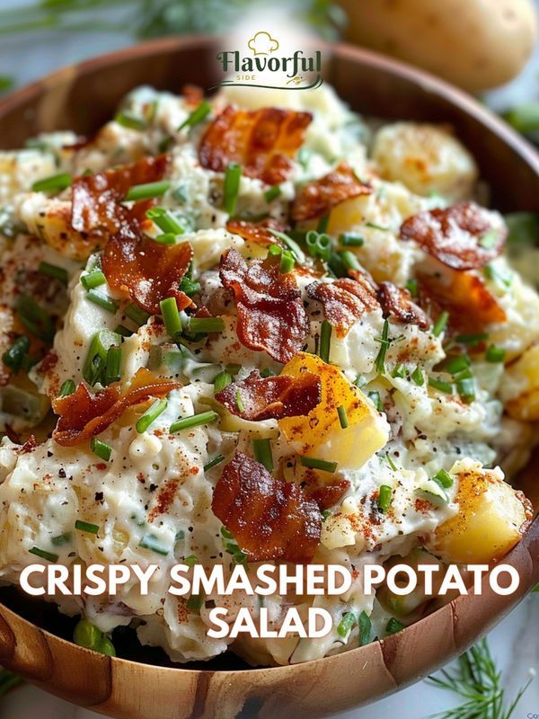 crispy smashed potato salad in a wooden bowl with the words crispy smashed potato salad