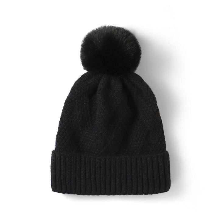 Introducing our Ladies Winter Cable Knit Hat with Pom, a classic and stylish accessory that combines warmth and fashion for the colder months. Crafted from 100% Acrylic, this hat offers both comfort and a timeless look to keep you cozy and chic during winter. Winter Knit Bonnet, Winter Soft Knit Cap Bonnet, Winter Soft Knit Bonnet Cap, Classic Black Winter Hat, Winter Knit Bonnet One Size, Black Knitted Beanie For Winter, Solid Color Wool Beanie For Winter, Warm Solid Color Bonnet For Fall, Warm Black Bonnet For Winter