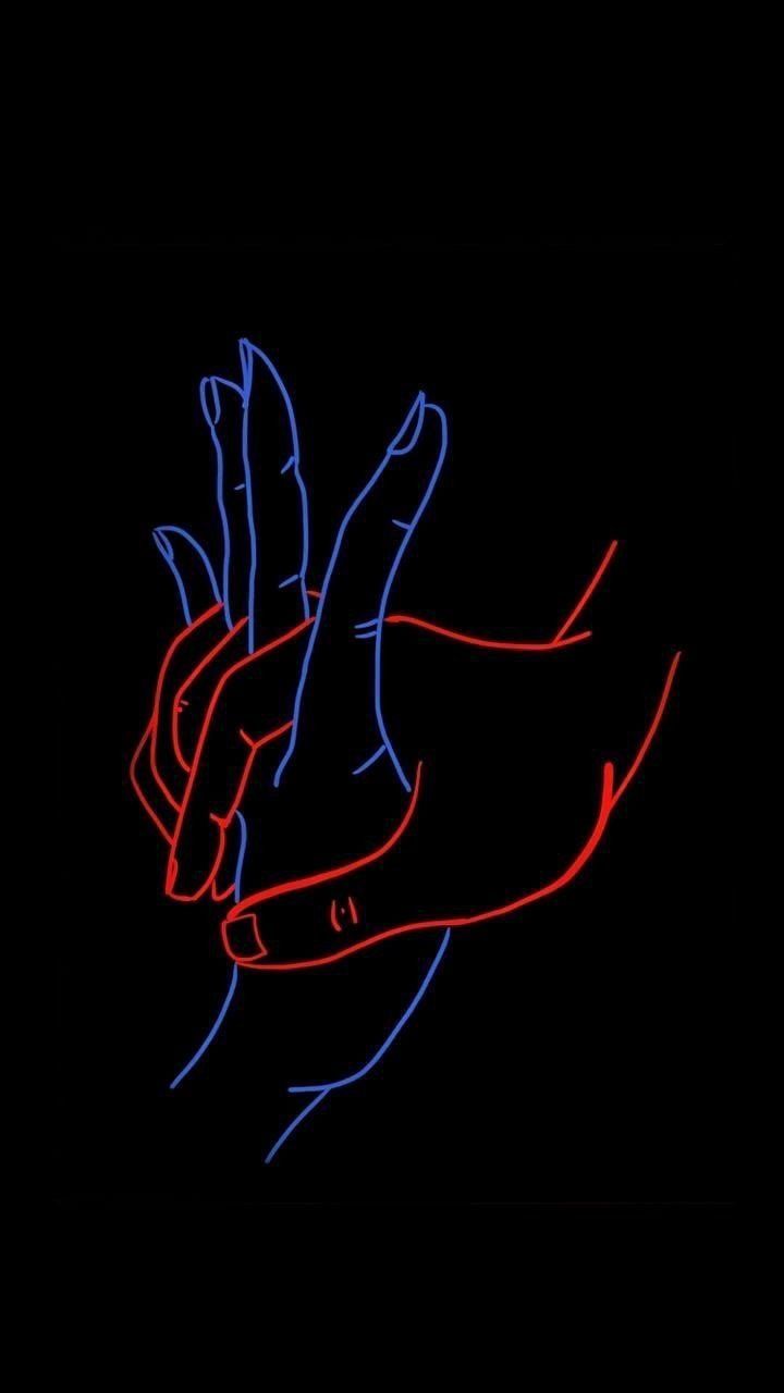 two hands reaching towards each other in the air with red and blue neon lights on them