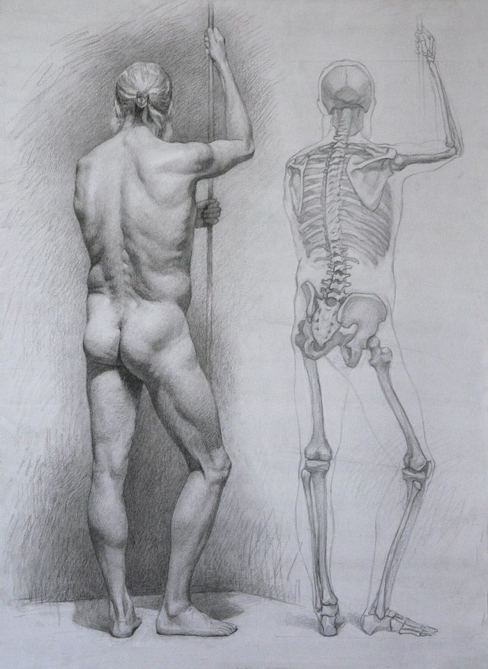 a drawing of two men standing next to each other, one holding a stick and the other pointing