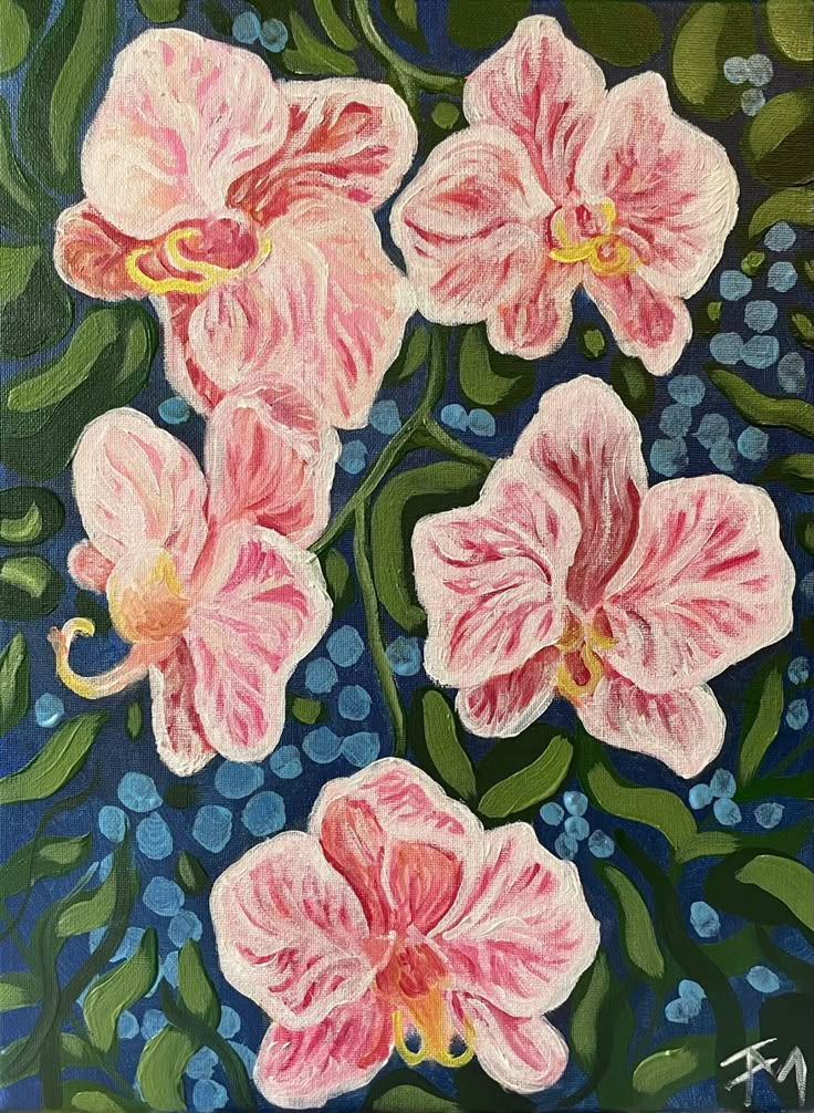 an oil painting of pink flowers on a blue background