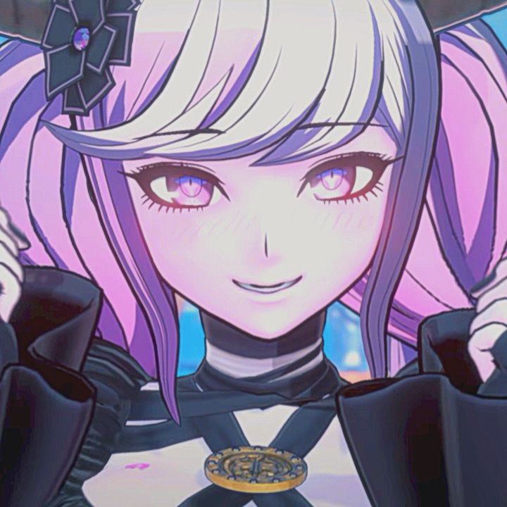 an anime character with purple hair and blue eyes wearing a black outfit, holding her hand up to her ear