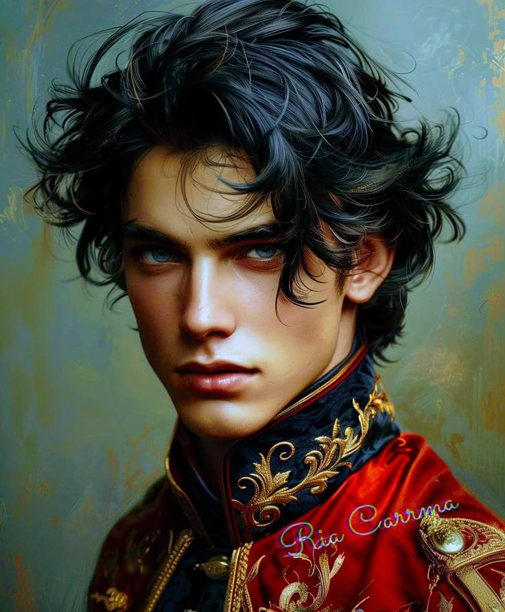 a painting of a young man with dark hair and blue eyes wearing a red jacket