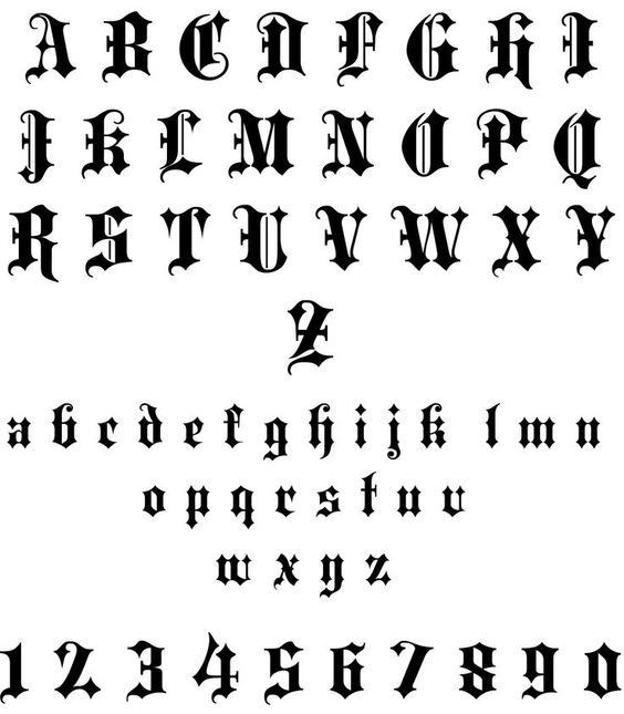 an old english alphabet with the letters and numbers in gothic style, all black on white