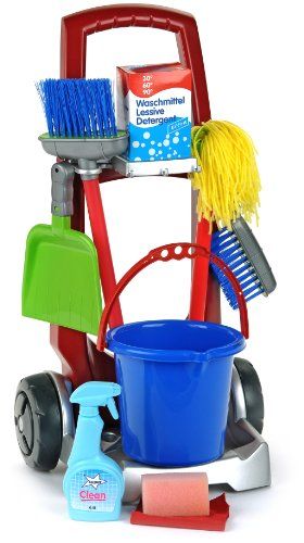 a toy cleaning cart with various items on it