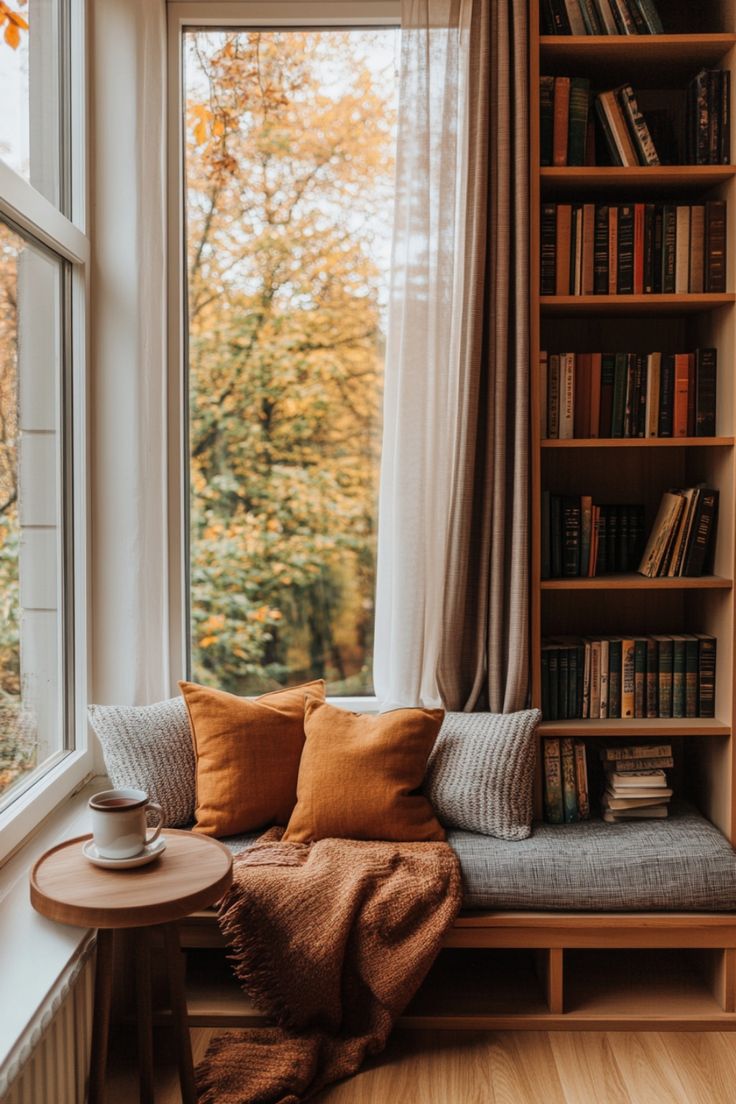 a window seat in front of a bookshelf filled with books