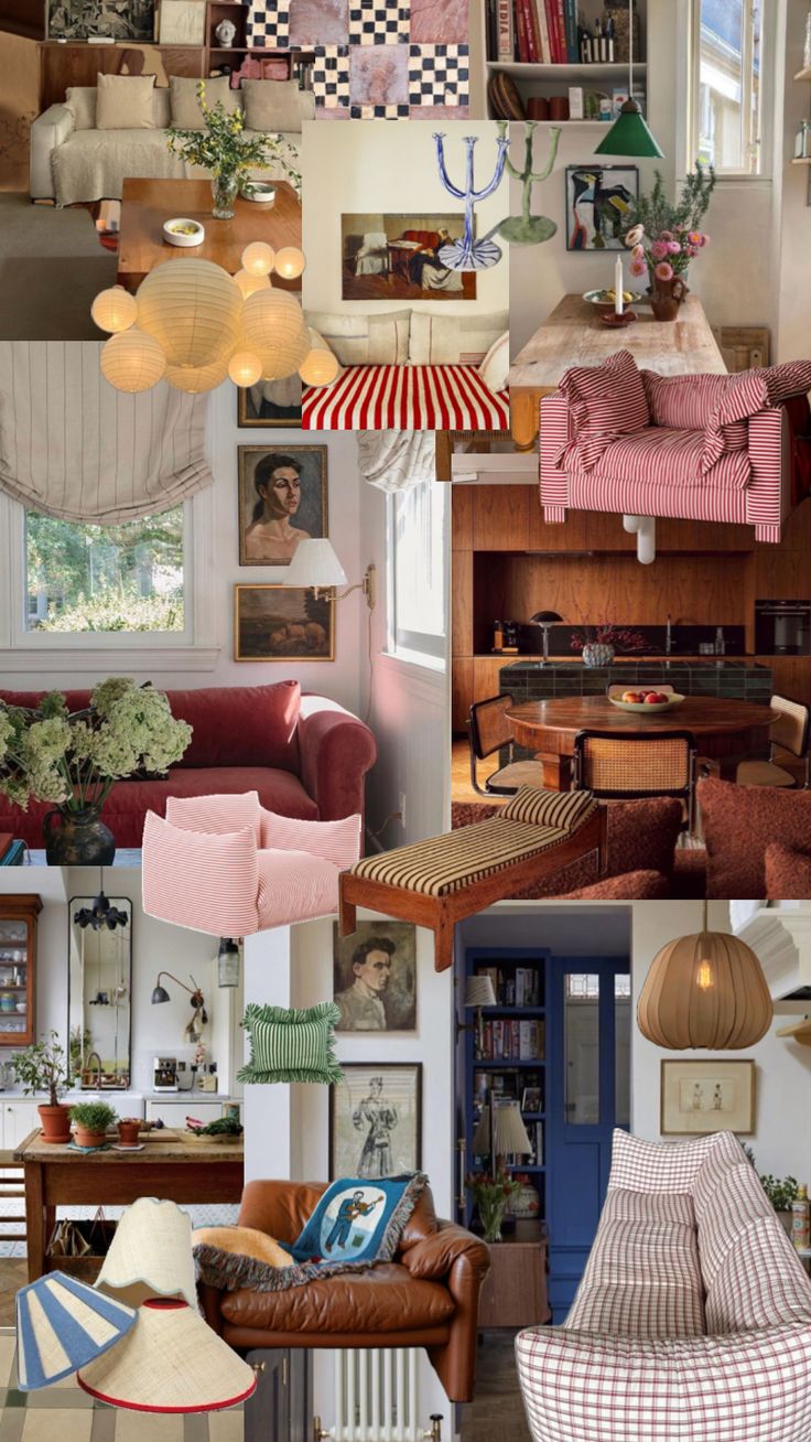 a collage of photos with different furniture and decor items in the same room as well as pictures on the wall