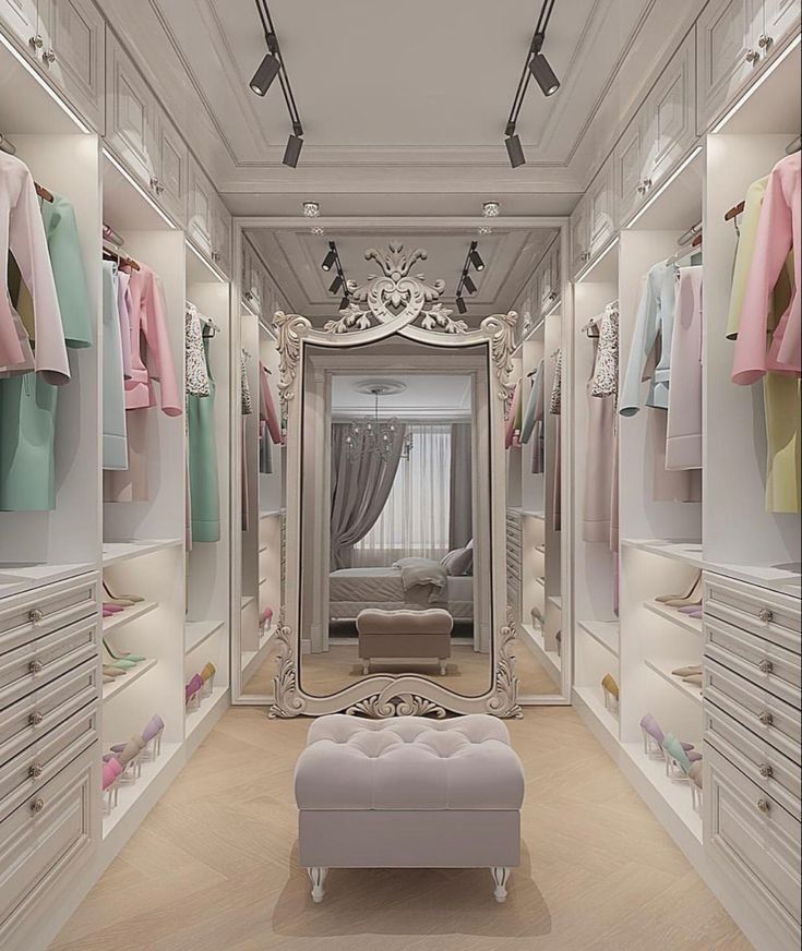 a dressing room with white walls and drawers