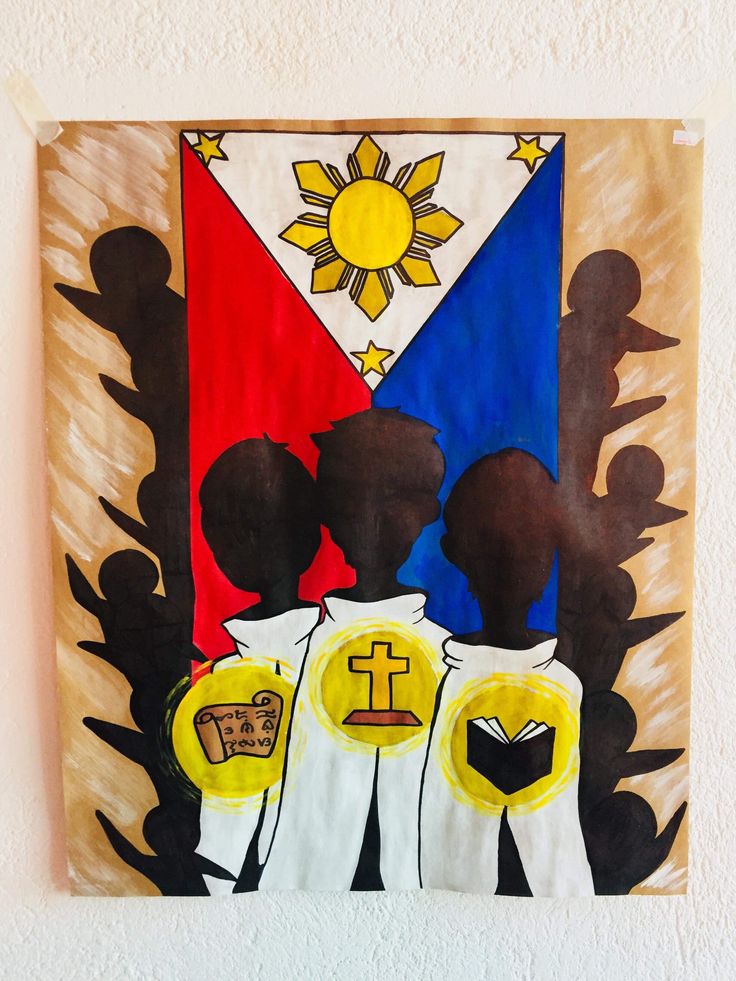 an art piece with two people standing in front of a flag and sun on the wall