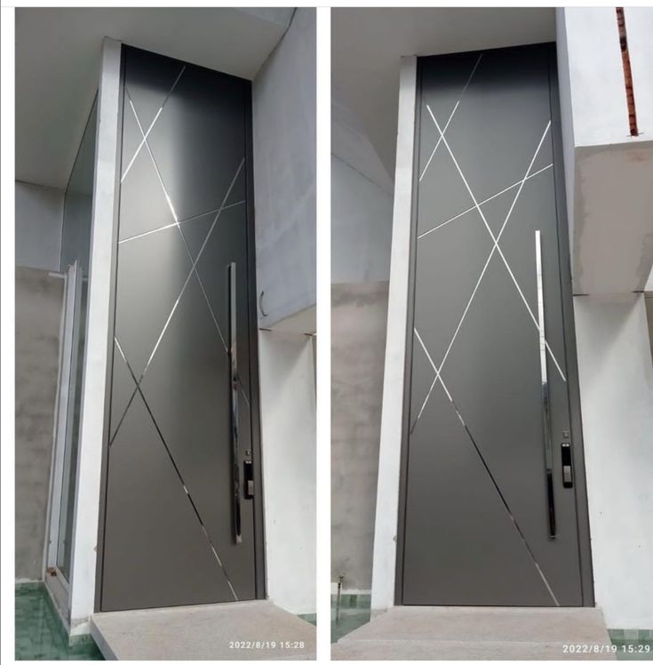 two pictures of the same door with different designs on it, one is open and the other has closed