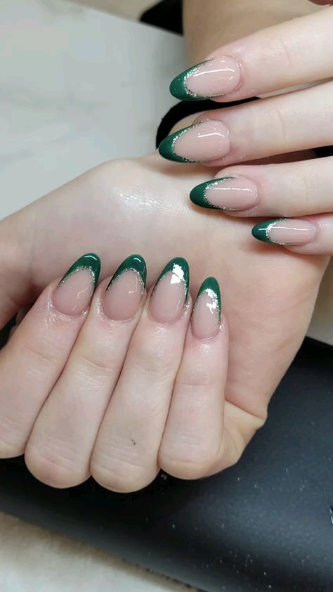 Hoco Makeup For Emerald Green Dress, Green French Tip With Silver Line, Emerald Green Grad Nails, Hoco Nails For A Emerald Green Dress, Silver Lined French Tips, Green And Silver French Tip Nails, Homecoming Nails For Green Dress, Emerald Green Silver Nails, Hoco Nail Ideas Green Dress