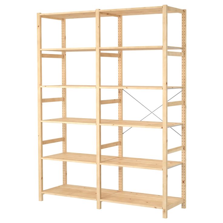 a wooden shelving unit with four shelves