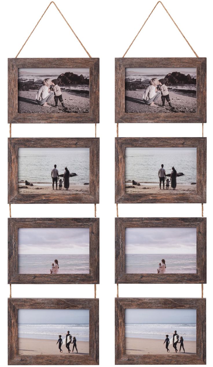 four frames hanging on a wall with people and horses in them, each holding a surfboard