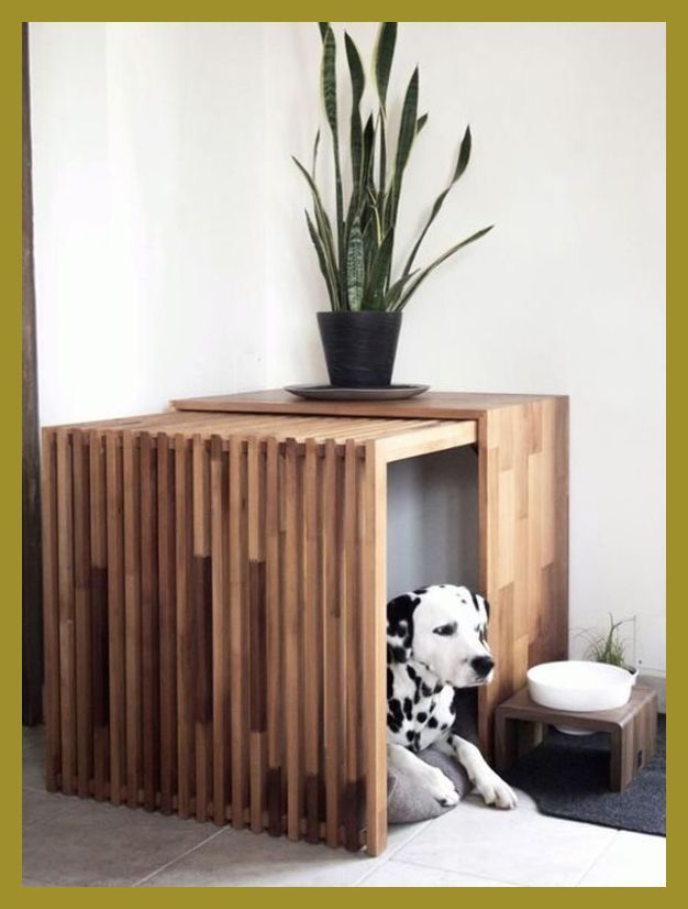 a dog sitting in a wooden crate next to a potted plant on top of a table