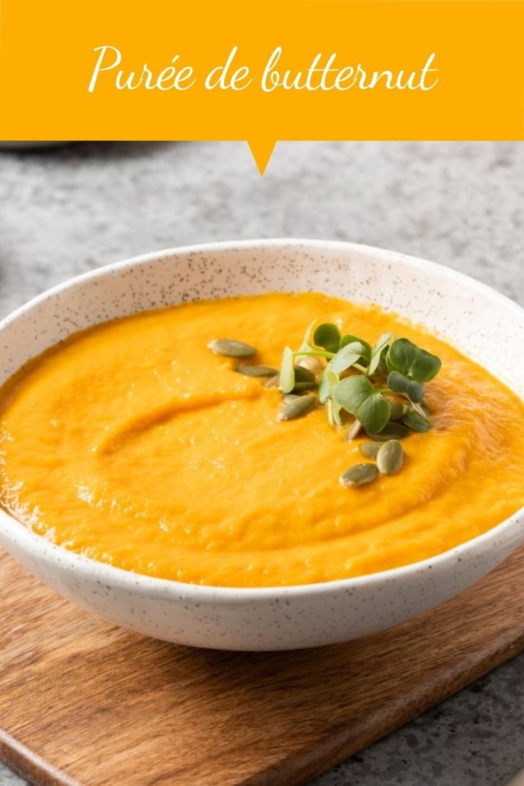 a white bowl filled with carrot soup on top of a wooden cutting board