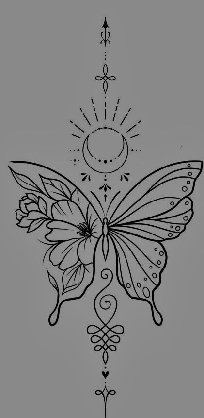 a black and white drawing of a butterfly on a gray background with the sun above it