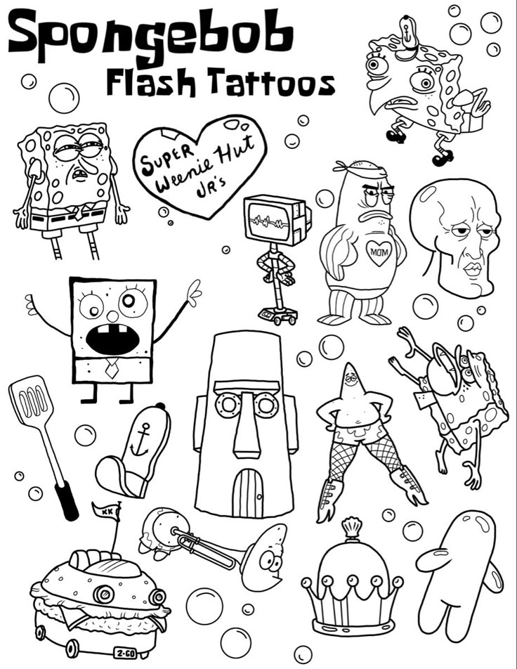 spongebob flash tattoos coloring page with lots of cartoon characters in black and white