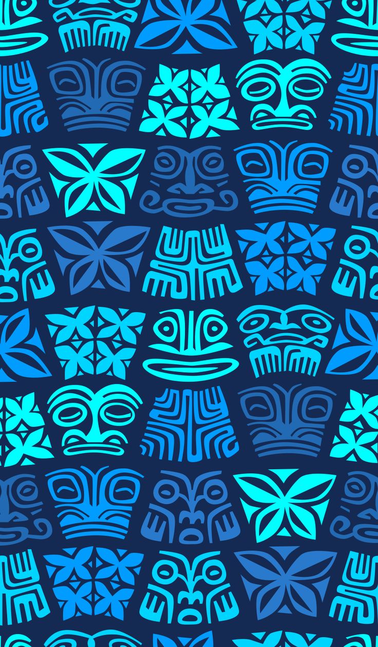 a blue and black pattern with faces on it