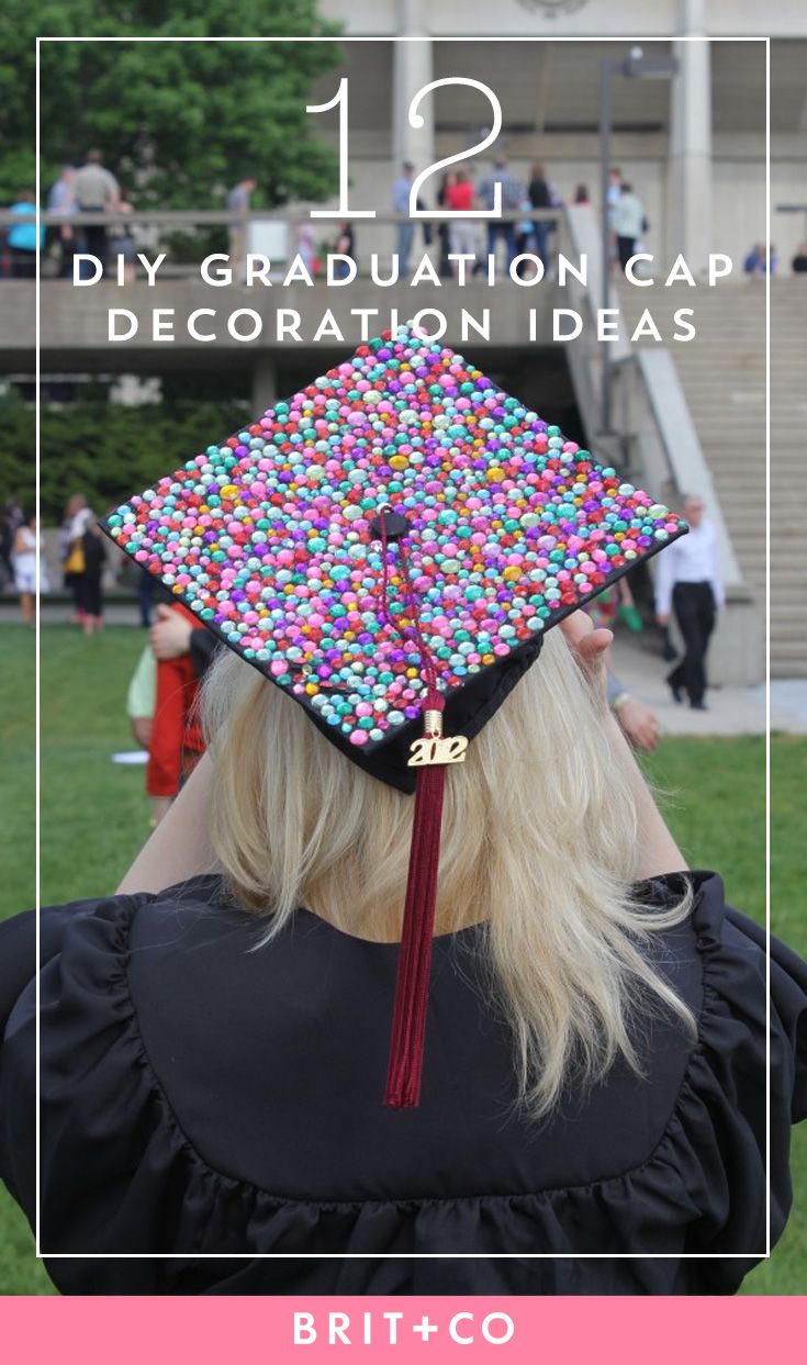 a woman wearing a graduation cap with the words, diy graduation cap decoration ideas