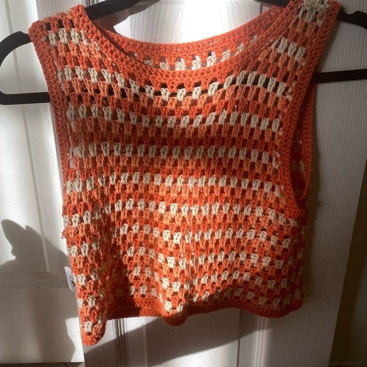 Never Worn, Perfect Condition Size Au 10 But Fits Like Xs Crochet/ Woven Material Crochet Top With Buttons, Orange Knitted Summer Tops, Summer Orange Knitted Tops, Casual Multicolor Crochet Top, Casual Open Knit Crop Top For Beach, One Size Sleeveless Casual Tops, Casual Crochet Top For Fall Vacation, Casual Knitted Crop Top For Vacation, Casual Fitted Crochet Top For Beach Season