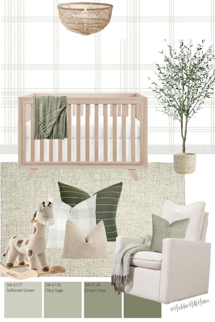 Gender neutral nursery decor ideas with coordinating green paint color options! Target Nursery Boy, Nursery With Olive Tree, Washed Natural Crib Nursery, Mix Match Nursery Furniture, Modern Classic Nursery, Double Crib Nursery, Traditional Gender Neutral Nursery, Light Green Nursery Gender Neutral, Safe Green Nursery