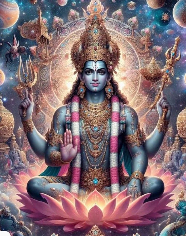 the hindu god sitting on top of a lotus in front of many other objects and planets