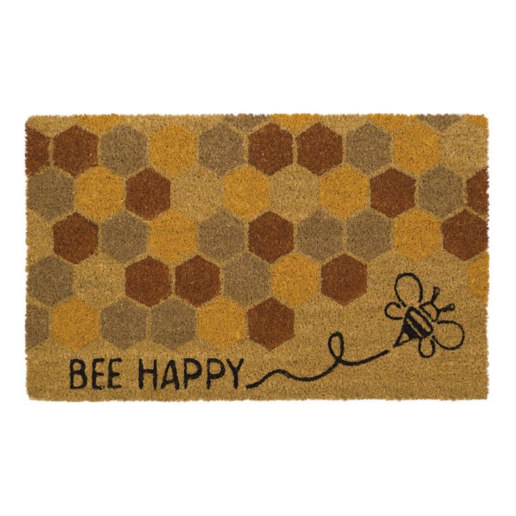 a door mat that says bee happy with a drawing of a honeybee on it