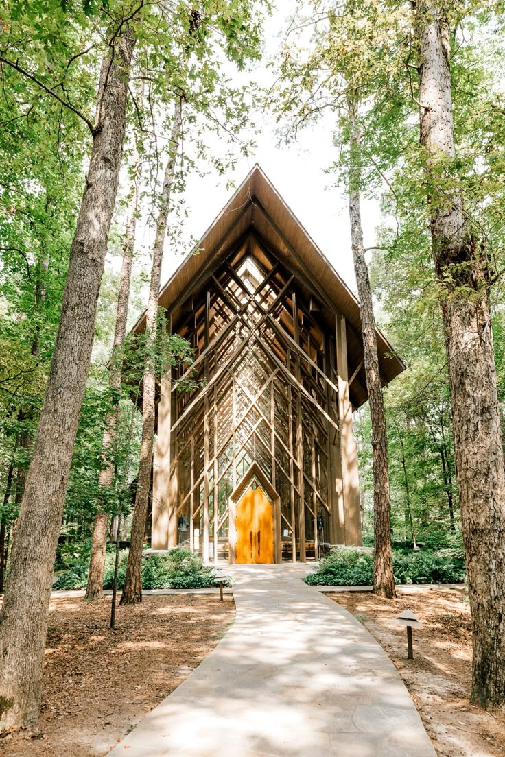 a wooden structure surrounded by trees in the middle of a forest with a walkway leading up to it