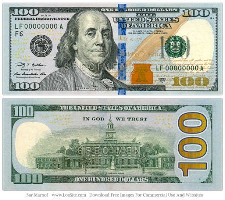 two bills with different colors and numbers on them, one is $ 10 00 the other is $ 100 00