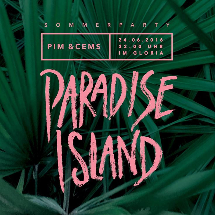 a poster for paradise island featuring palm leaves and the words paradise island written in pink