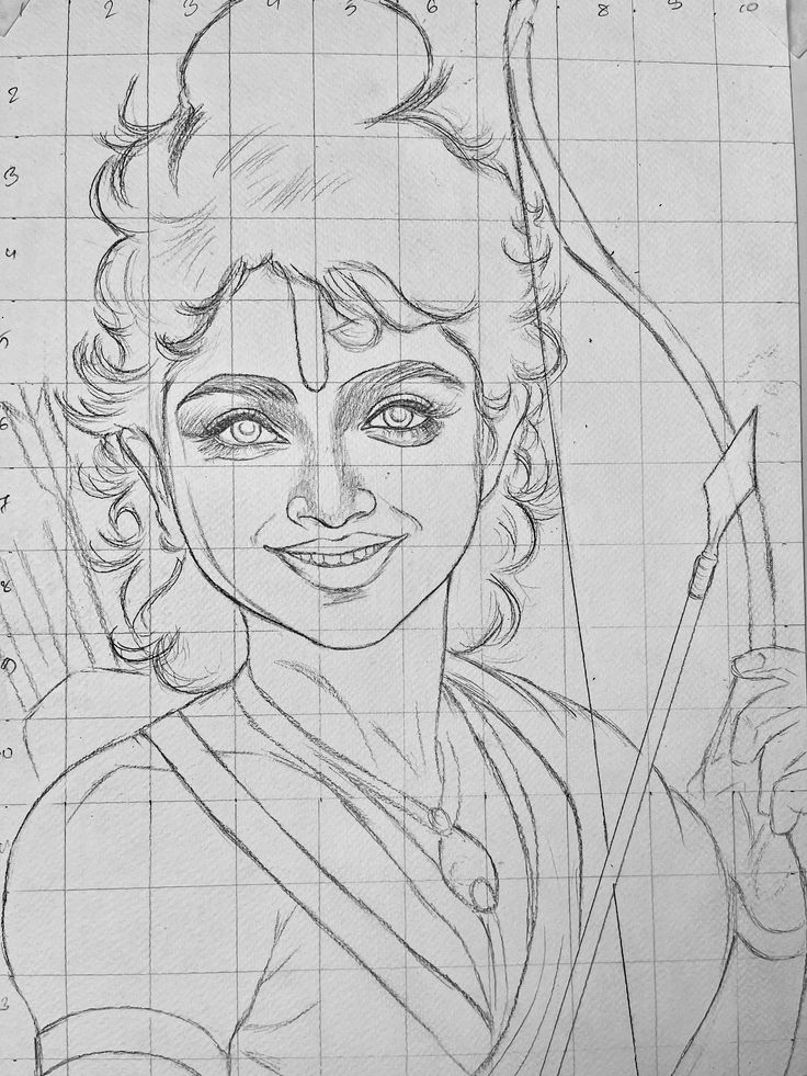 a pencil drawing of a woman with a bow and arrow in her hand, on top of graph paper