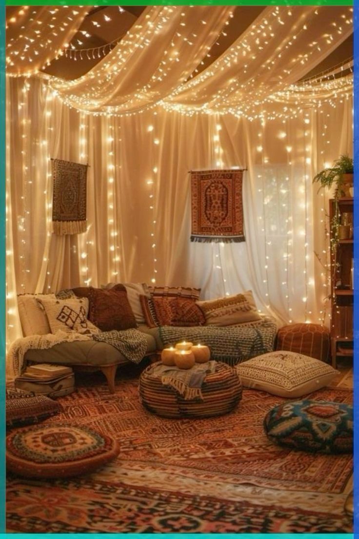 The combination of lights, decorations, and the wooden furniture creates an inviting atmosphere filled with warmth and holiday cheer. Draped Bedroom Ceiling, Round Furniture Living Room, Wall Decor With Fairy Lights, Cozy Ceiling Ideas, Ceiling Draping Living Room, Living Room Soft Lighting Ideas, Living Room With Fairy Lights, Hangout Place Ideas, Fantasy Apartment Decor