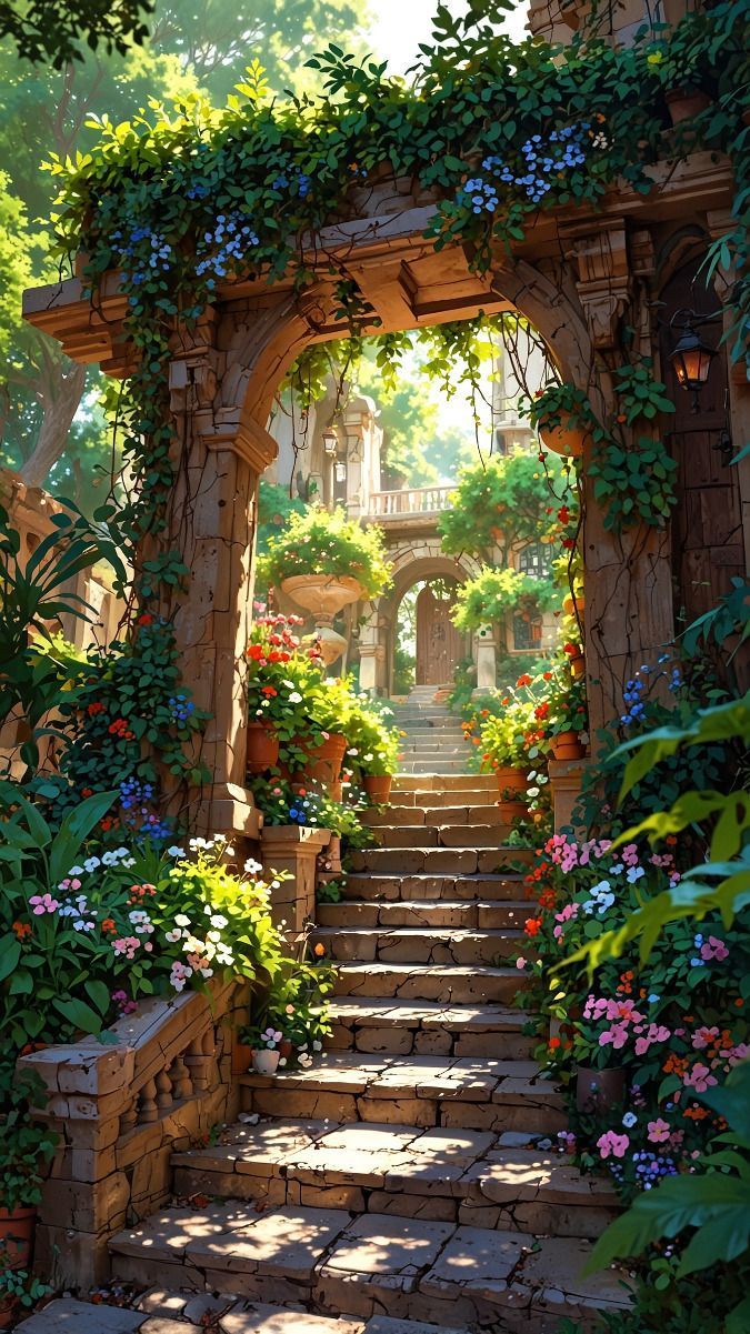 an archway with flowers and greenery surrounding it