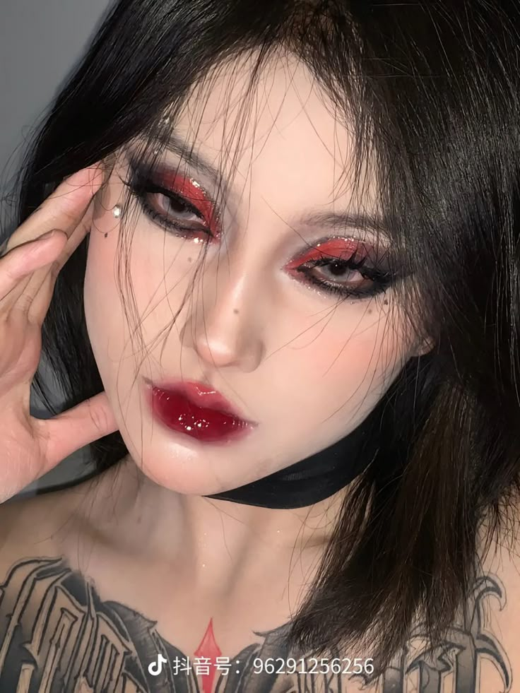 Dark Aegyo Makeup, Monolid Goth Makeup, Panda Inspired Makeup, Goth Korean Makeup, Black Makeup Looks Goth, Red And Black Douyin Makeup, Red Black Eye Makeup, Dark Douyin Makeup, Red And Black Makeup