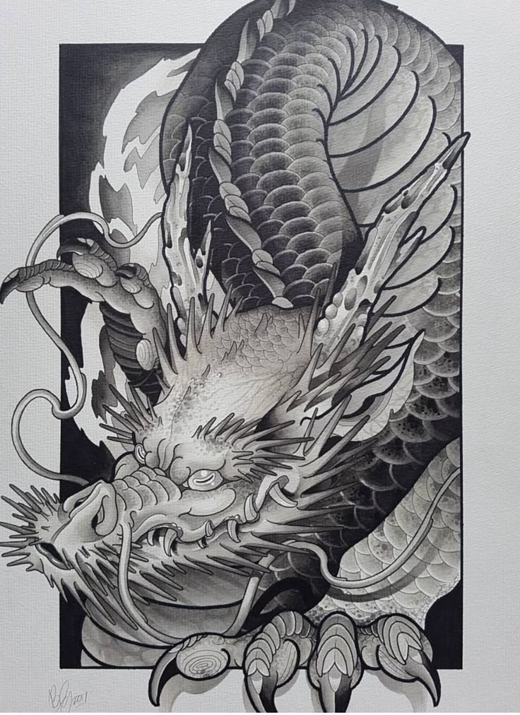 a black and white drawing of a dragon with its head in the middle of it's body