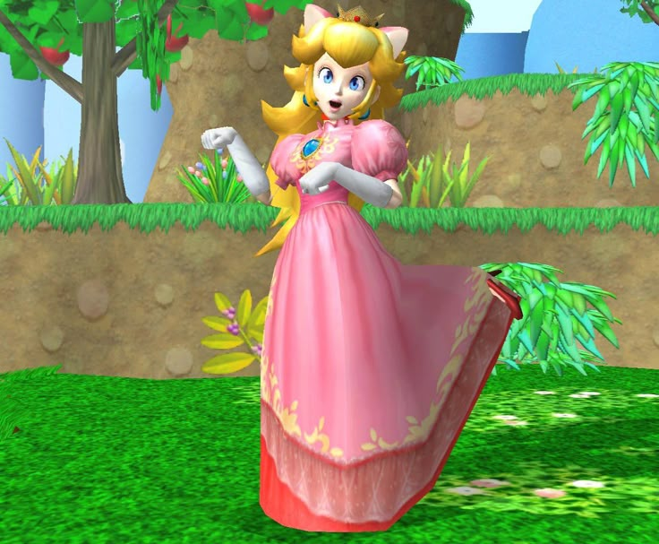 a woman in a pink dress is holding a nintendo wii game controller and some trees