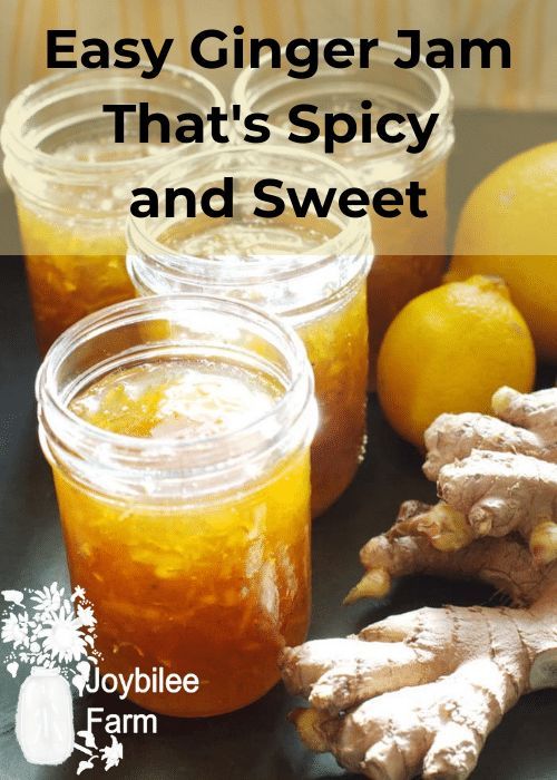 ginger jam in mason jars, lemons and ginger root with text overlay reading easy ginger jam that's spicy and sweet