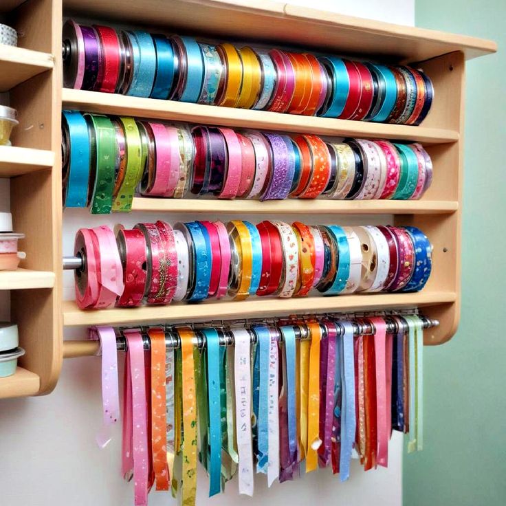 a wall mounted shelf filled with lots of different colored ribbons on it's sides